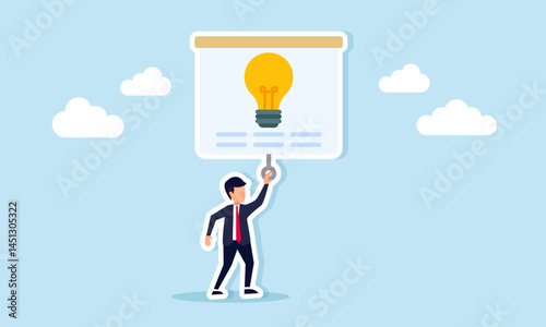 Businessman pulling a projector screen displaying a light, illustration of education, socialization, and promotion related to interesting and attractive ideas