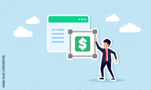 Businessman standing next to a square dollar sign beside an application interface, illustration of designing a business financial management app
