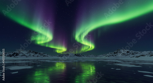Northern lights illuminating frozen lake and snowy mountains