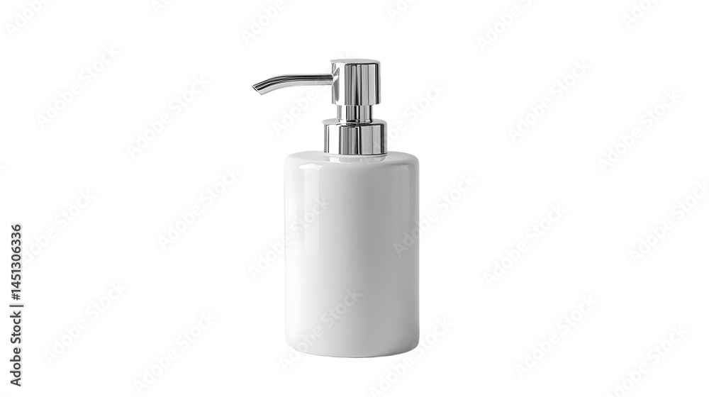 Obraz premium A sleek, modern white soap dispenser with a chrome pump, placed on a clean countertop in a bright bathroom setting