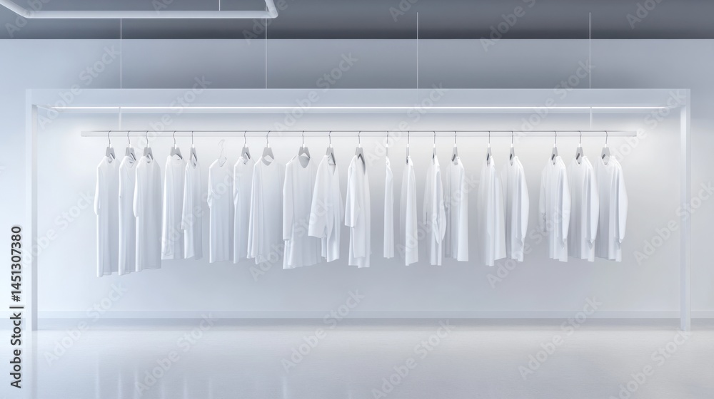 Minimalist White Clothing Display: A pristine showroom showcasing a collection of simple, elegant white garments hanging on sleek, modern racks, creating a clean and sophisticated aesthetic.