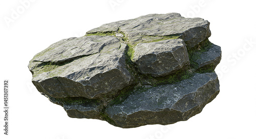 Gray rock covered with moss floating on a white background