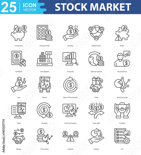 Stock Market icon sheet vector illustration investment, financial profit, dividens, global online, broke, certificate, cash register, computer, global economic, visual advisor, loss, report