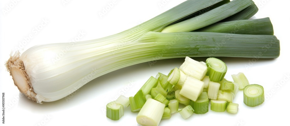 Fresh whole leek alongside a pile of sliced leeks on pristine white backdrop Fresh whole leek alongside a pile of sliced leeks on pristine white backdrop