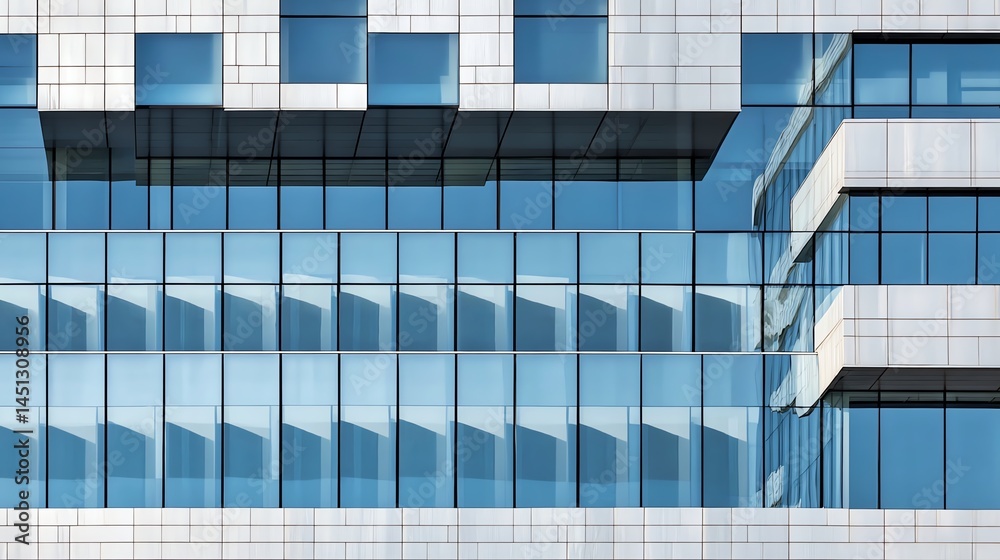 Modern building facade with glass windows and geometric design elements. Modern building facade with glass windows and geometric design elements.