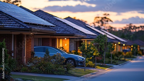 Modern Suburban Homes with Solar Panels at Twilight in Neighborhood