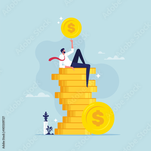 Income or salary increase concept, success businessman lying on heap of coins, businessman raising up wad of money demonstrate financial success, relax on currency stack