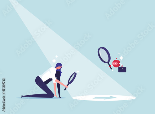 Using artificial intelligence help to searching for business direction concept, strategy or discover business opportunity or solution for work difficulty, businesswoman using magnifying glass to disco