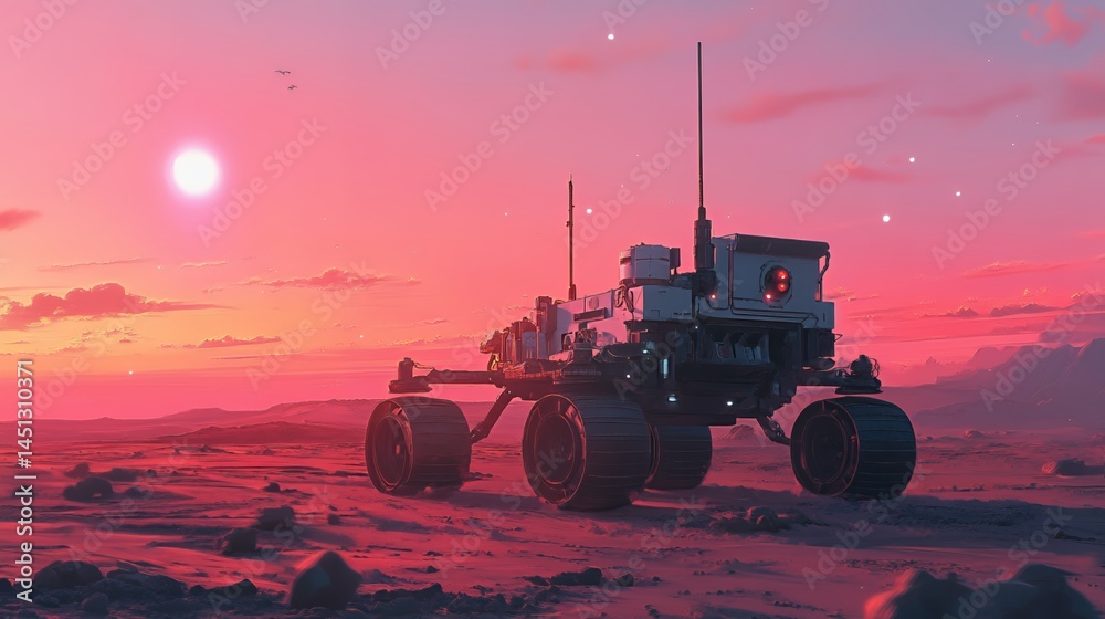 Fototapeta premium Futuristic Mars rover exploring a vibrant alien landscape at sunset.