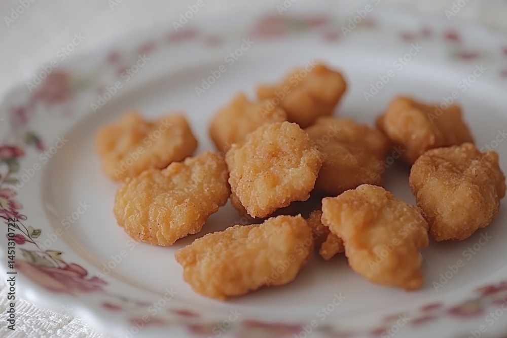 Golden, crispy chicken nuggets served on a decorative plate, with a soft background ambiance Golden, crispy chicken nuggets served on a decorative plate, with a soft background ambiance