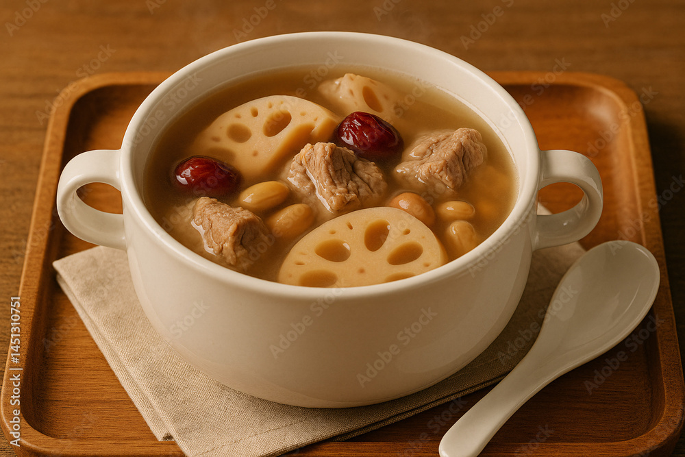 Lotus Root Peanut Pork Rib Soup – Traditional Chinese Herbal Soup in White Bowl Lotus Root Peanut Pork Rib Soup – Traditional Chinese Herbal Soup in White Bowl