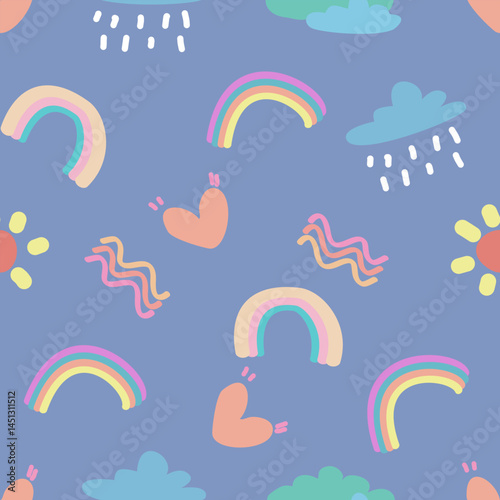 Seamless pattern with hand-drawn rainbows, Clouds, and sun, Trendy baby texture.