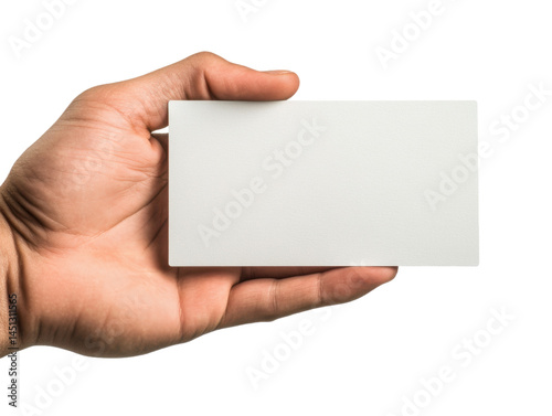 Hand holding a blank business card isolated on white background