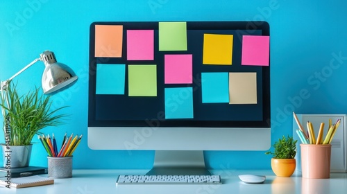 Modern workspace featu a sleek desktop computer with colorful sticky notes on the screen, potted plants, stationery, and a bright blue background for creative work and organization