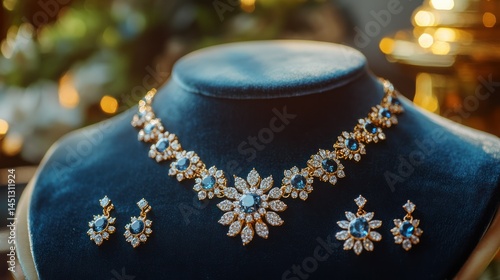 Elegant jewelry set featu a sparkling necklace and matching ears adorned with clear and blue gemstones displayed on a velvet bust with warm festive lighting background photo