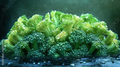 Fresh green broccoli florets stacked together with water droplets on surface creating a vibrant and healthy vegetable display for cooking or nutrition concepts