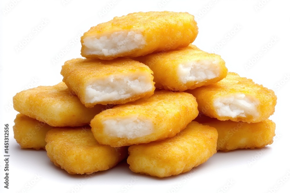 Golden, crispy chicken nuggets stacked on a white background, ideal for food marketing Golden, crispy chicken nuggets stacked on a white background, ideal for food marketing