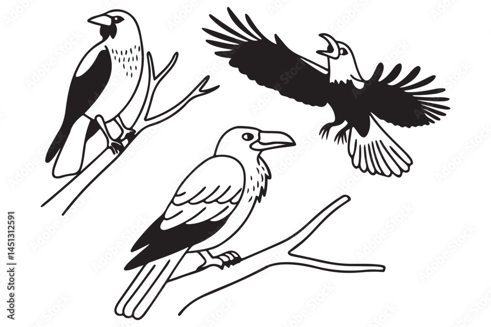 Obraz premium Black and White Bird Illustration – Eagle, Dove, Swan, Songbirds, Cartoon Bird Clipart on Branches for Kids, Coloring, and Learning, Nature-Inspired Vector Art – Wildlife Avian Drawing for Education