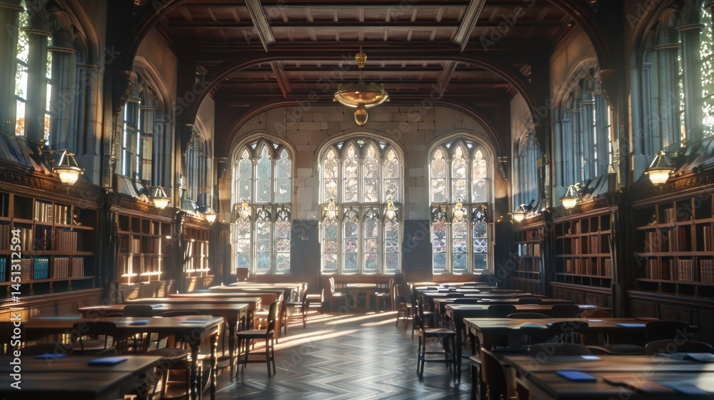 Fototapeta premium Grand library interior, sunlit study hall