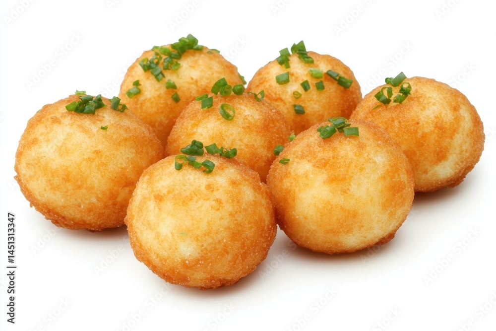 Golden, crispy fried cheese balls garnished with fresh chives on a white background Golden, crispy fried cheese balls garnished with fresh chives on a white background