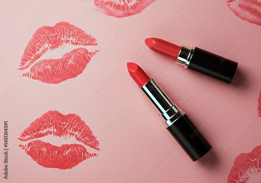 Obraz premium Two red lipsticks lie on a pink background covered with red kiss marks, showcasing vibrant makeup and beauty aesthetics