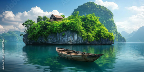 A small wooden boat floats near Ha Long Bay, Vietnam, with green mountains in the background