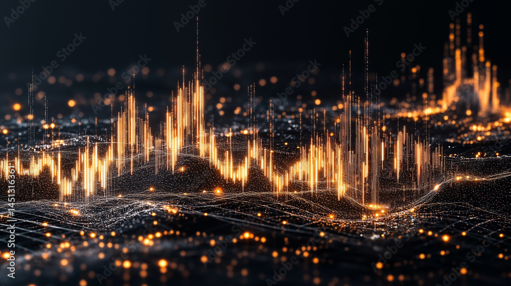 Fototapeta premium Data Visualization: A dynamic data visualization of interconnected information, resembling a vibrant cityscape and digital landscape.