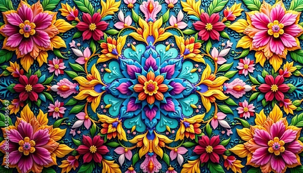 Intricate floral motif within a repeating hexagon pattern, hexagon, bloom Intricate floral motif within a repeating hexagon pattern, hexagon, bloom