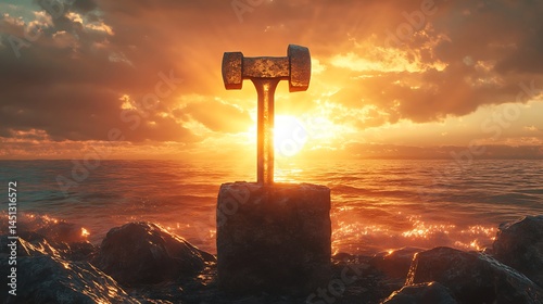 A metallic hammer and wrench crossed monumentally on a stone pedestal, radiant sun rising behind with lens flares and god rays, symbolic of strength and renewal. Created Using: photorealism,