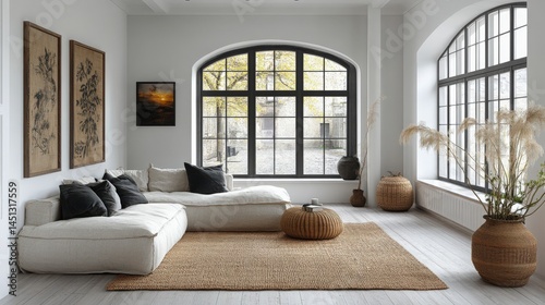 Sophisticated living room interior featuring natural materials and ample light