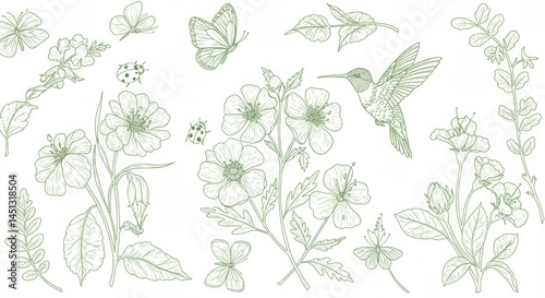 Hummingbird Flower Butterfly Sketch