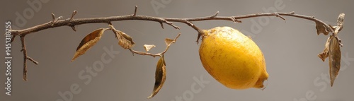 Lemon hanging from a branch, isolated on a light background.