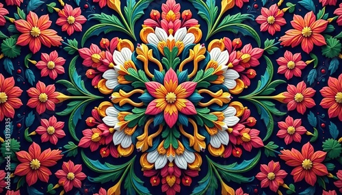 Intricate floral motif within a repeating hexagon pattern, blossom, elegant, vintage