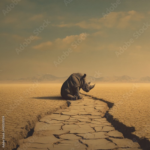 A lone rhinoceros navigating a cracked, arid landscape under a dramatic sky.