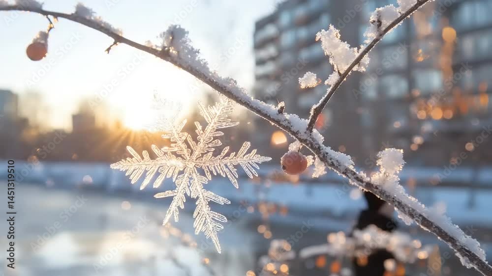 Beautiful snowflake hanging from a branch in winter, with a person silhouetted by a sunset in the background Beautiful snowflake hanging from a branch in winter, with a person silhouetted by a sunset in the background
