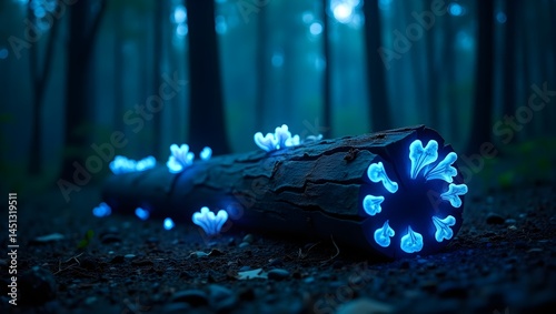 rock concert stage, mushroom on tree trunk, mushroom are lighting, blue light emit from mushroom, tree trunk, tree trunk lay on earth, mushroom, tree trunk, mosses, jungle, decomposable tree trunk,  G