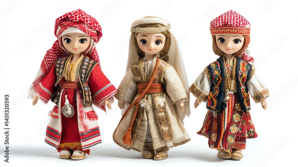 Three beautifully dressed dolls in traditional attire, white isolate background.