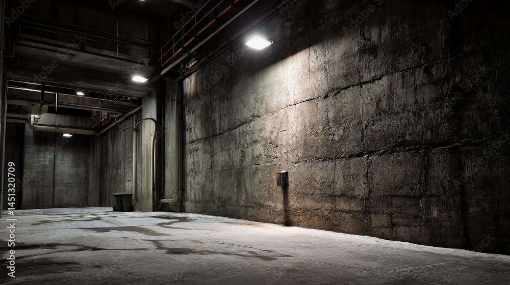 Industrial interior space with concrete walls and soft lighting.