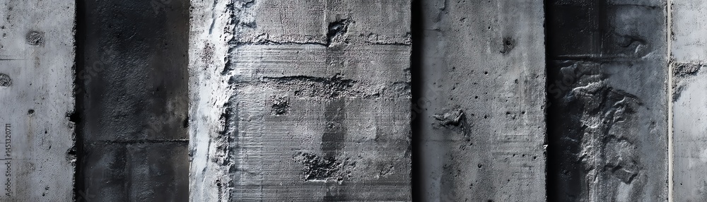 Close-up of weathered concrete wall, grey tones, rugged texture, industrial aesthetic.