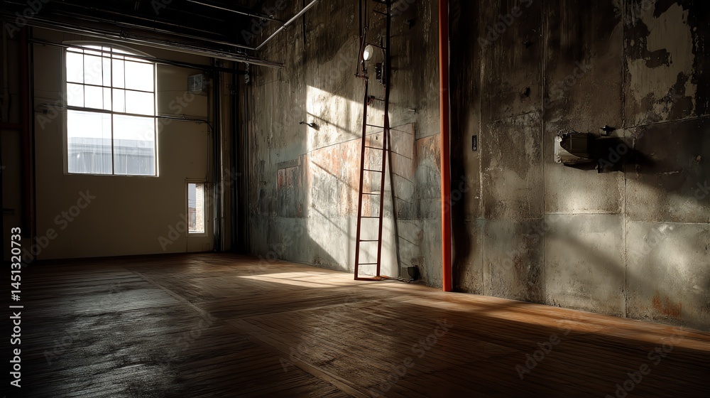 Abandoned industrial space with sunlight streaming through a window.