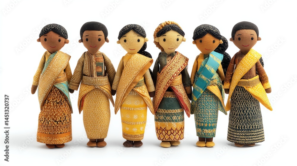 Diverse traditional dolls dressed in vibrant cultural attire, white isolate background.