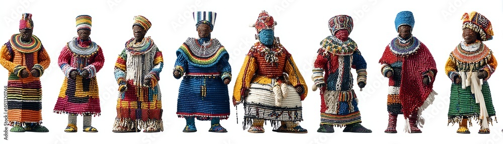 Diverse figures dressed in traditional cultural attire, white isolate background.