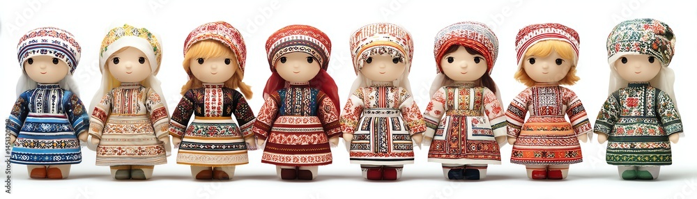 Traditional dolls representing various cultures, white isolated background.