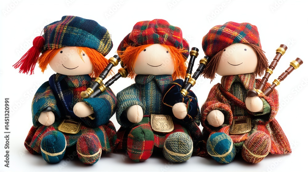 Scottish dolls in traditional attire, white isolated background.