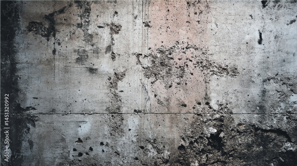 Weathered concrete wall with stains and texture, showcasing aging and decay.