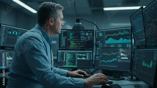 Wallpaper Mural Man analyzing financial data on multiple screens in a modern office environment with graphs and charts Torontodigital.ca