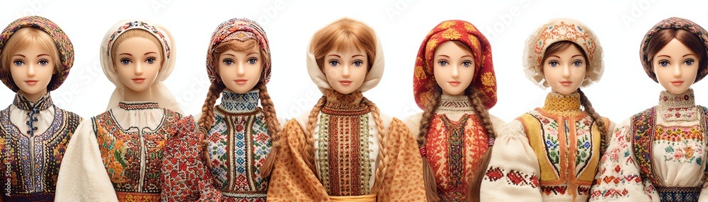 Traditional dolls representing various cultural attire, white isolated background