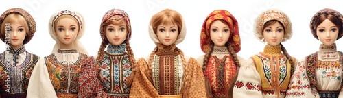 Obraz na płótnie Traditional dolls representing various cultural attire, white isolated background w salonie