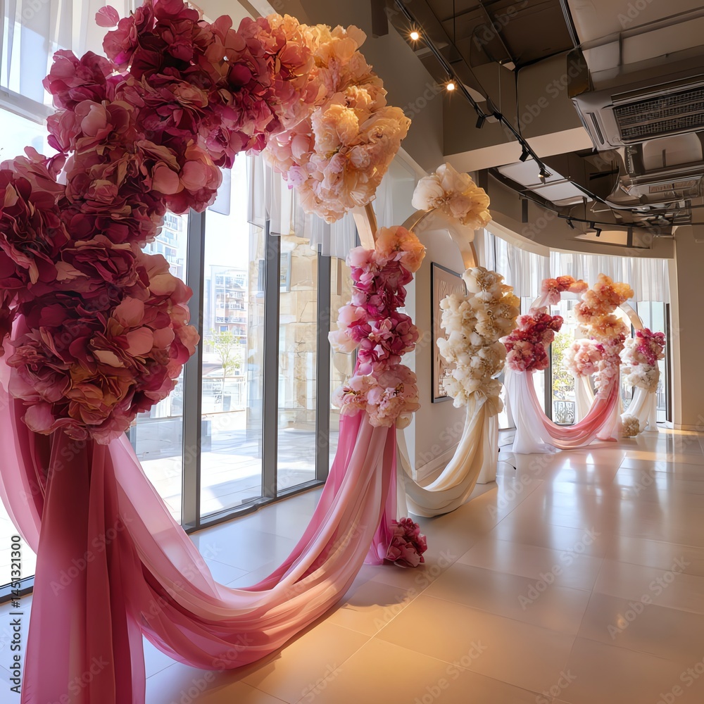 Elegant floral installation with soft drapes in a modern event space.