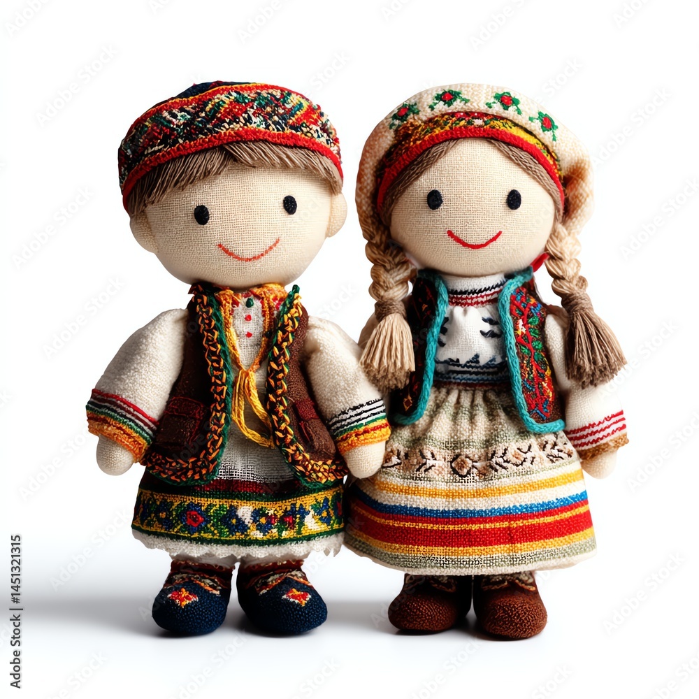 Traditional dolls in folk attire, white isolated background.